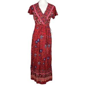 Japna Women's Size Small Wrap Skirt Sleeve Red Floral Maxi